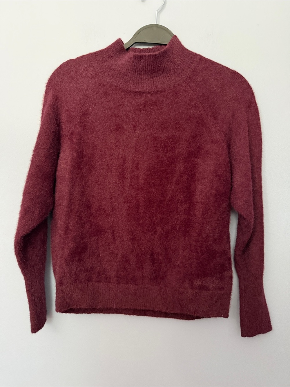 Marled Eyelash Knit Faux Fur Mock Neck Burgundy Sweater XS